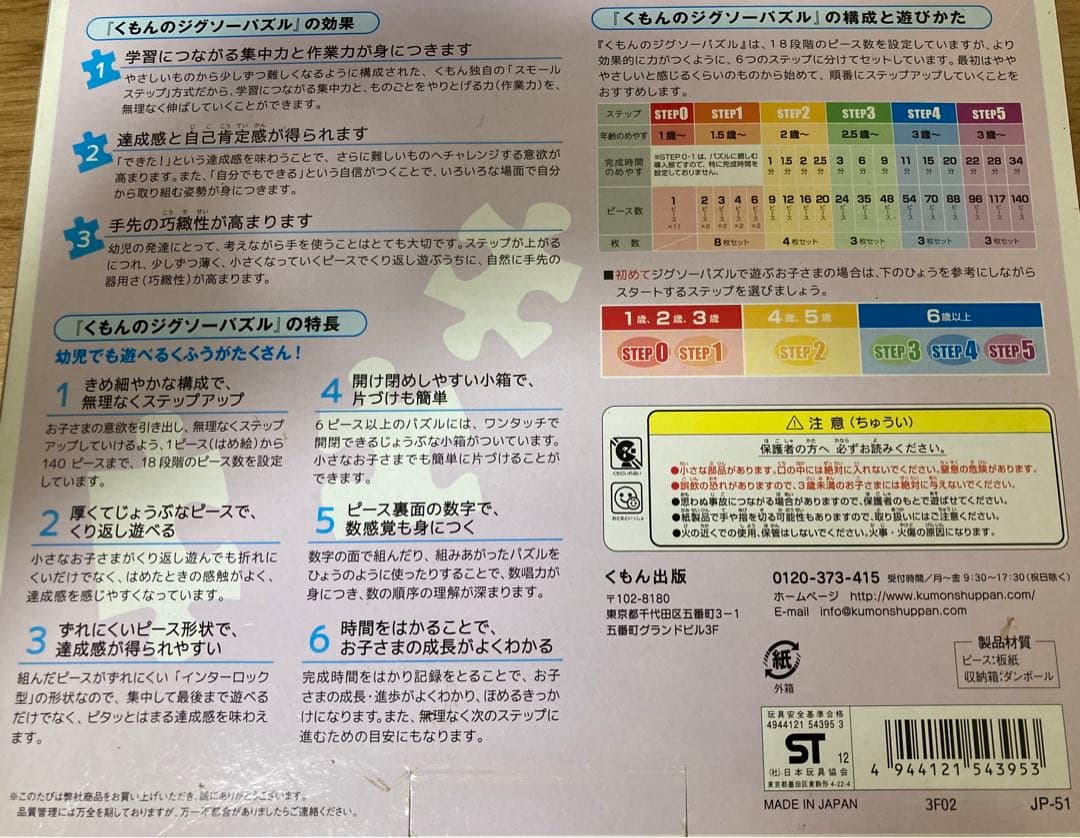 子ども知育玩具・小学校受験　くもんのジグソーパズル STEP3〜5 計12セット