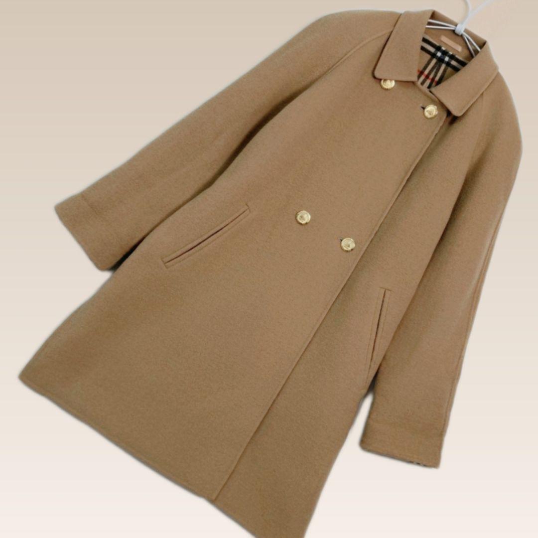 バーバリー カシミヤ混 ダブルフェイスコート ノバチェック ベージュ　金ボタン