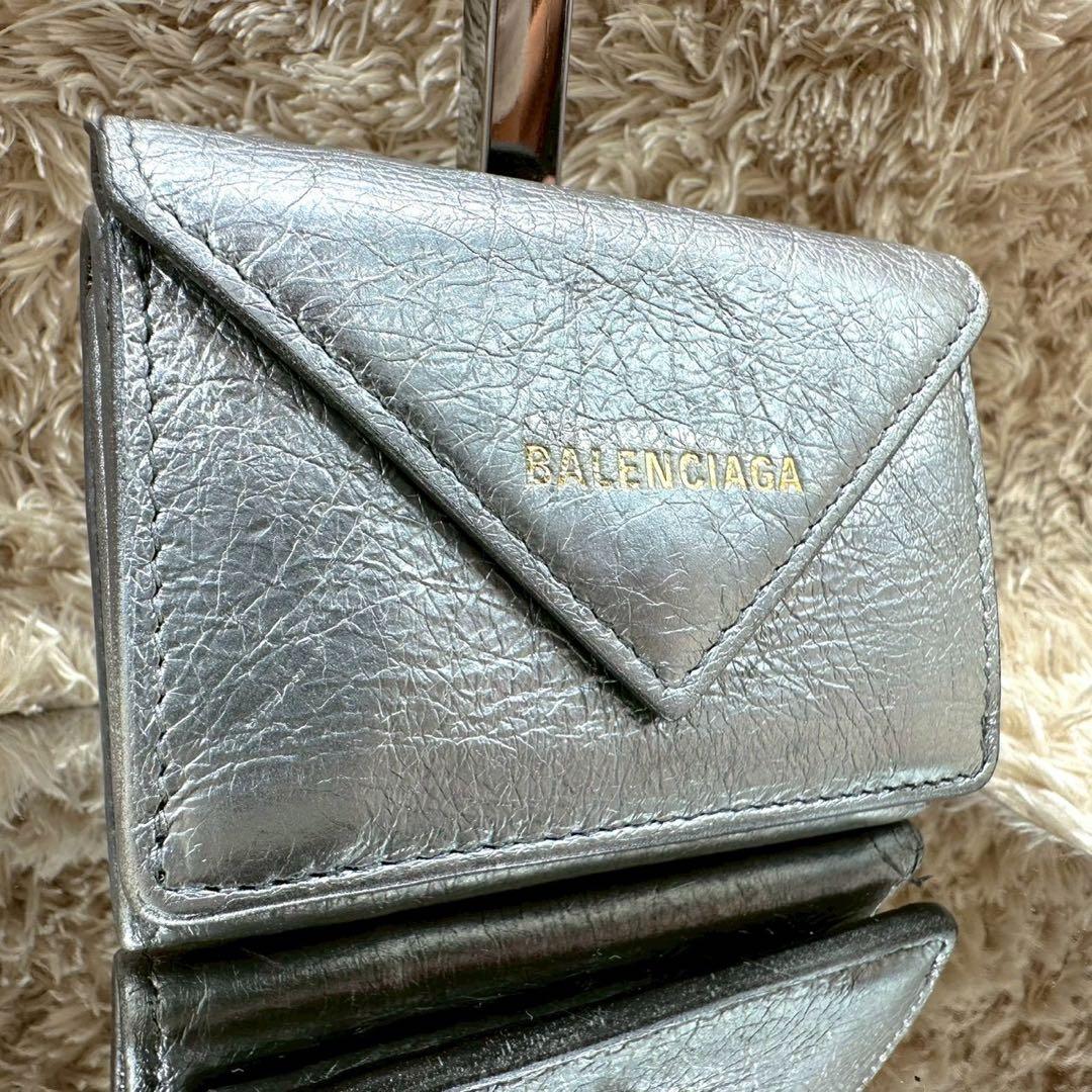 【美品】バレンシアガ 三つ折財布 シルバー ペーパーミニウォレット ユニセックス