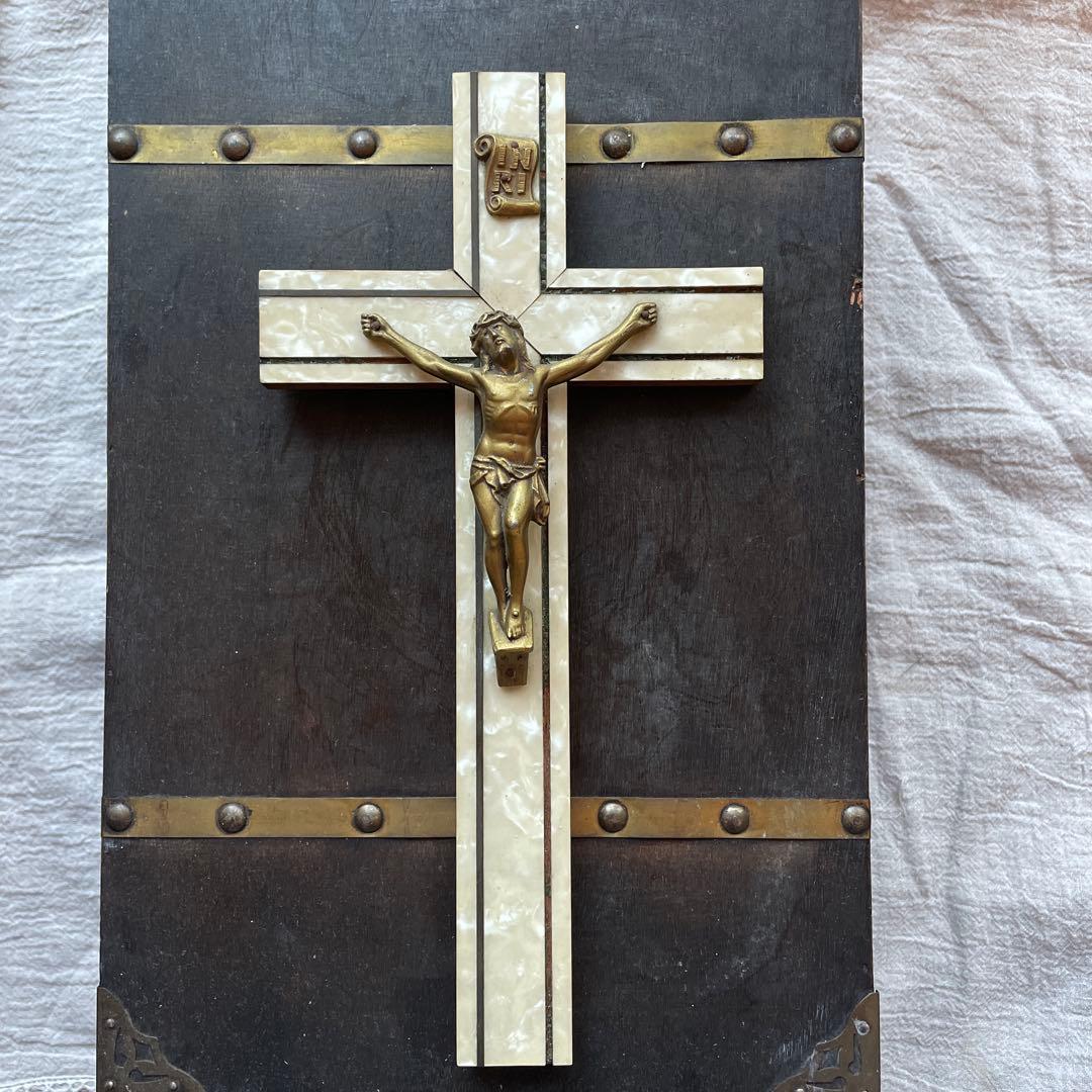 フランス　ブロカント　キリスト　十字架　キリスト教　磔刑　オブジェ　真鍮　木製