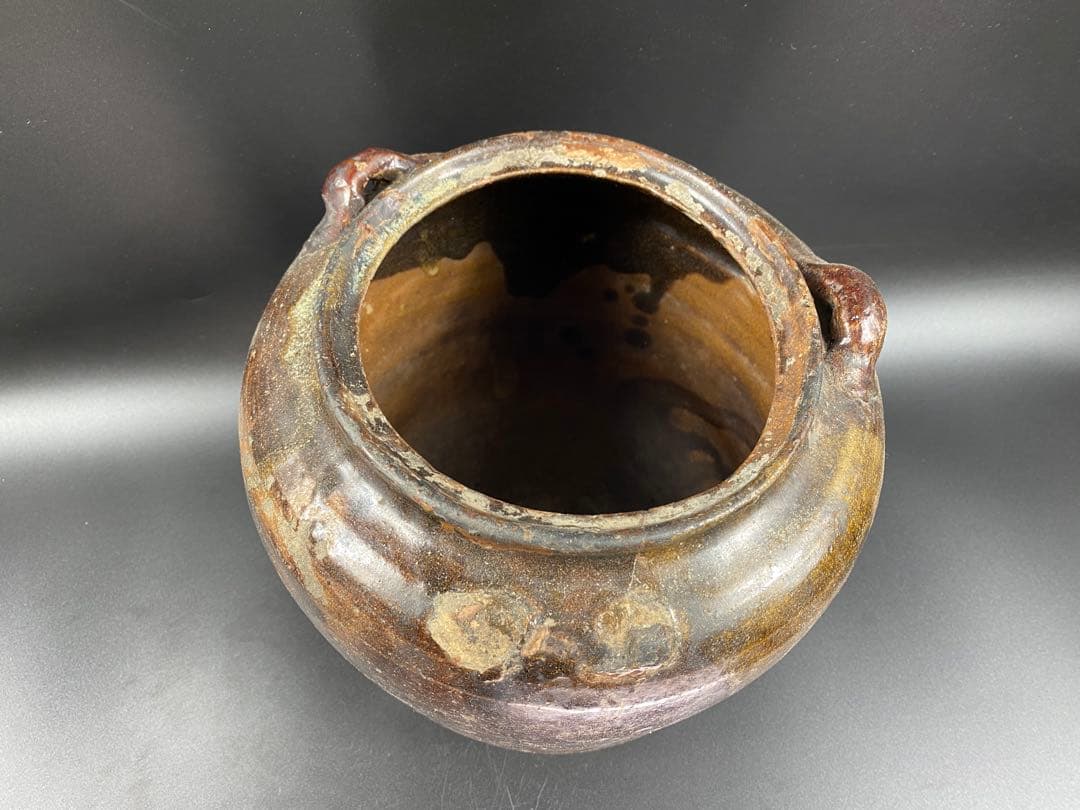 茶壺 耳付 古唐津 古薩摩 黒高麗 李朝 骨董 古玩 時代物 高21.7cm