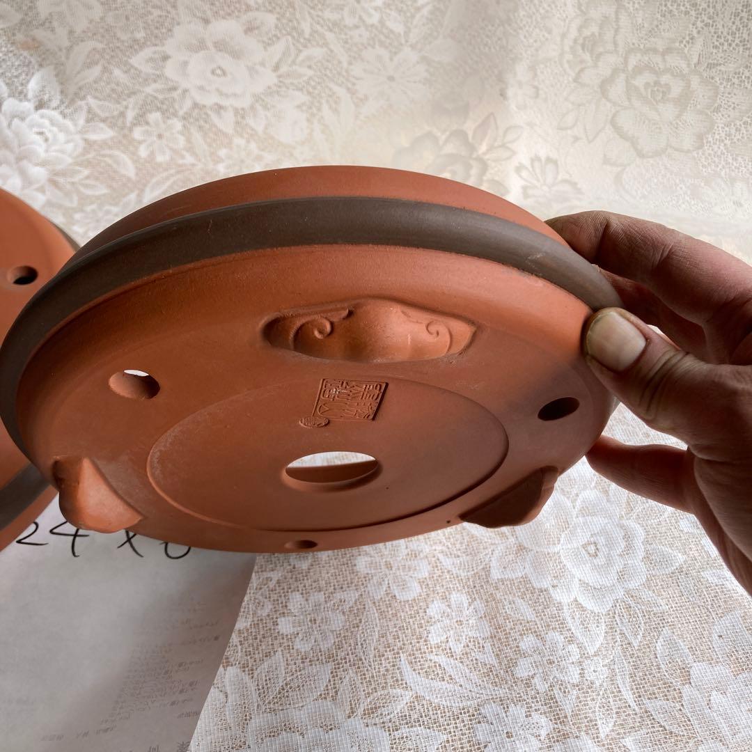 盆栽鉢　常滑焼　丸鈴型足付　10号　8号　落款勝山窯造　二枚組