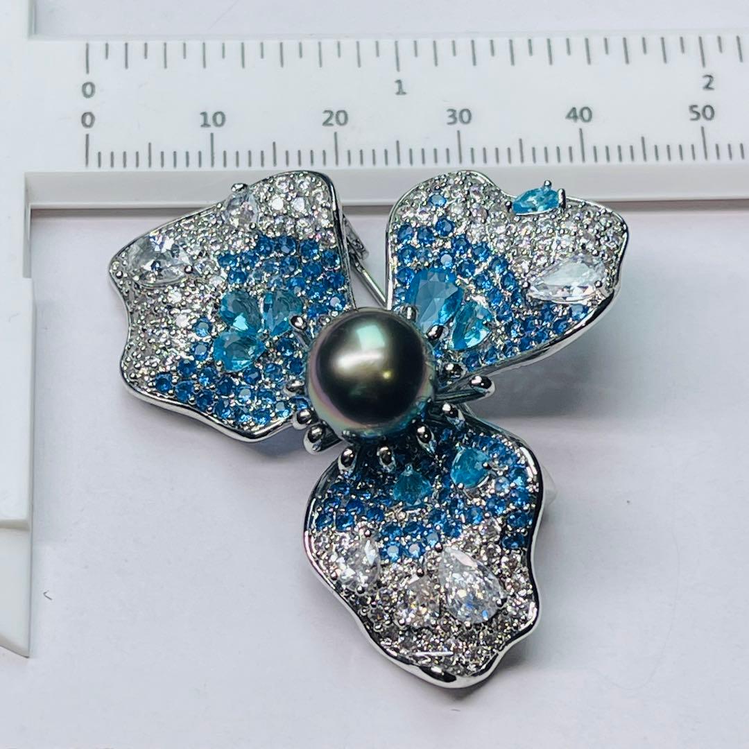 タヒチ　黑蝶真珠 南洋パール ブローチ　本真珠 ペンダント ピーコックグリーン