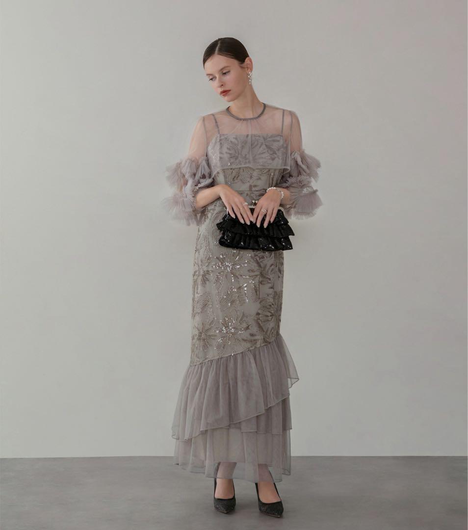 LEJA フラワースパンコールチュールフリルスリーブIラインワンピース 結婚式