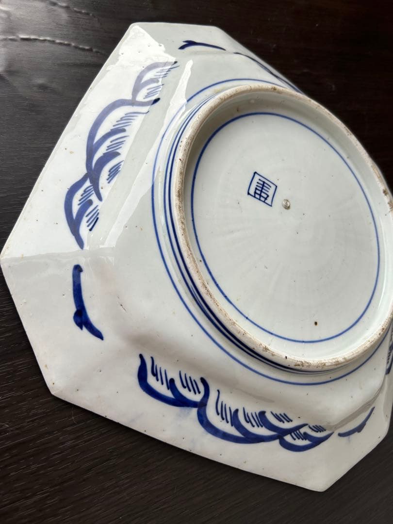 古伊万里 染付 ベロ藍 線描 銘有 隅切り八角皿 山水楼閣 九谷 飾り皿 骨董品