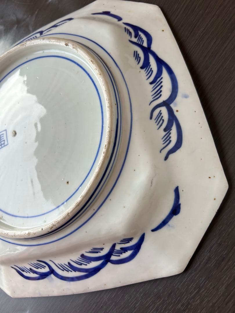 古伊万里 染付 ベロ藍 線描 銘有 隅切り八角皿 山水楼閣 九谷 飾り皿 骨董品