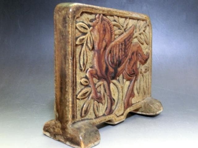 硯屏■唐草馬紋 櫛目 結界 古い陶器 お茶道具 書道道具 骨董品 希少■