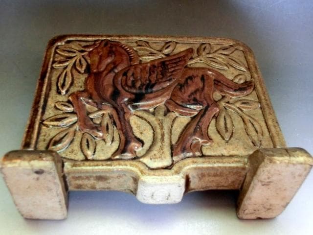 硯屏■唐草馬紋 櫛目 結界 古い陶器 お茶道具 書道道具 骨董品 希少■