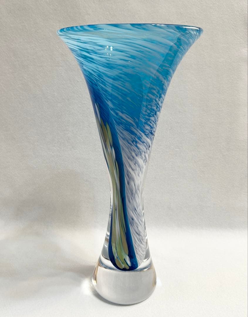 吹きガラス 花瓶 ブルー×ホワイト 約30cm イタリアアート 花器 インテリア