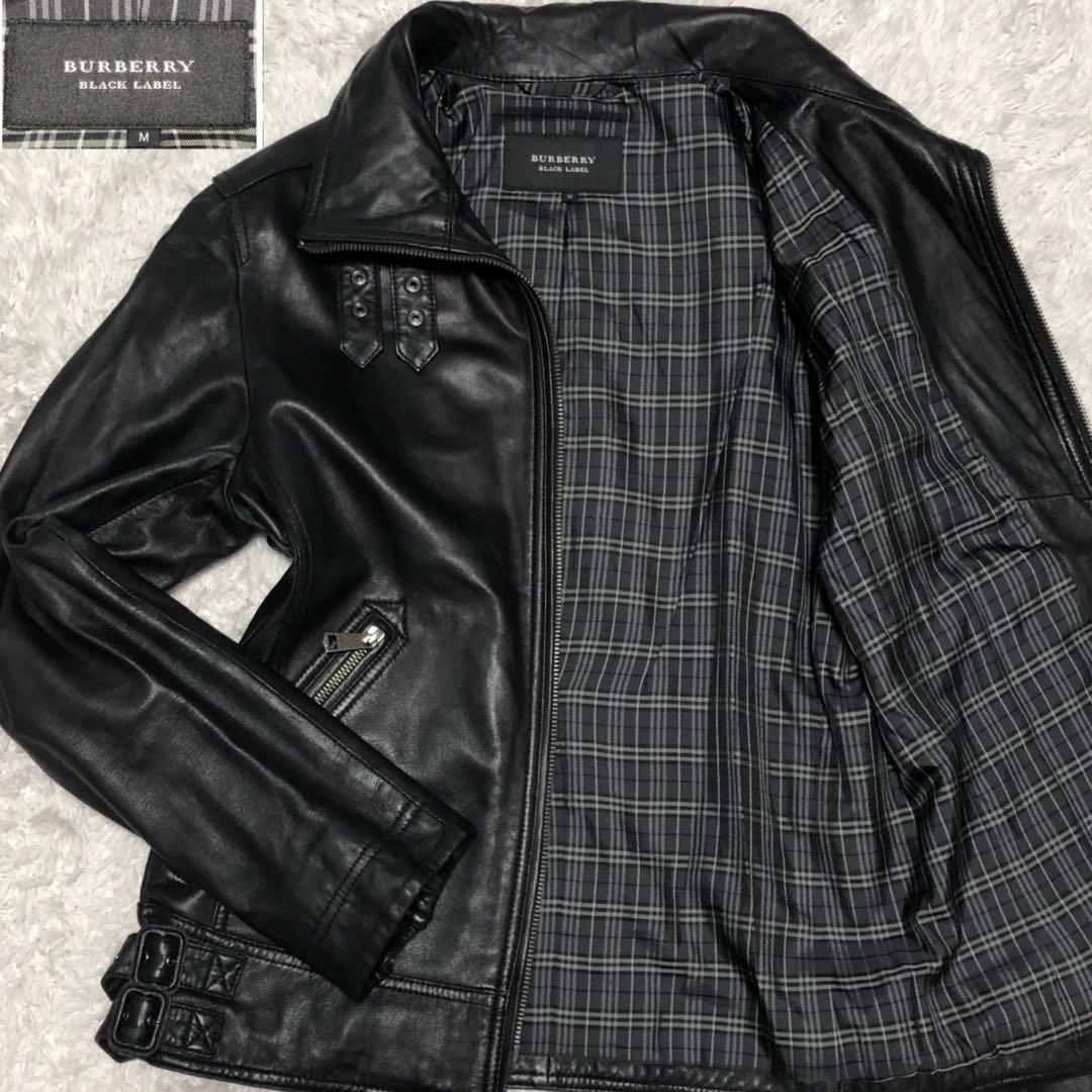 美品 バーバリーブラックレーベル ライダースジャケット ラムレザー 本革 黒