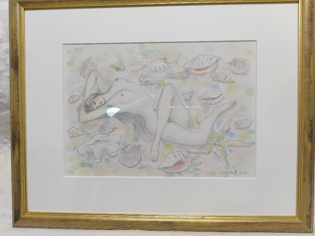 貝殻　水彩　5号大　作家 古沢岩美　パステル　裸婦　56×44