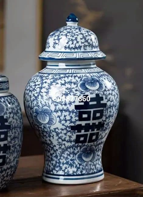 青花喜字陶器壺 景徳鎮 陶磁器 装飾品 現代工芸品 美術品 置物