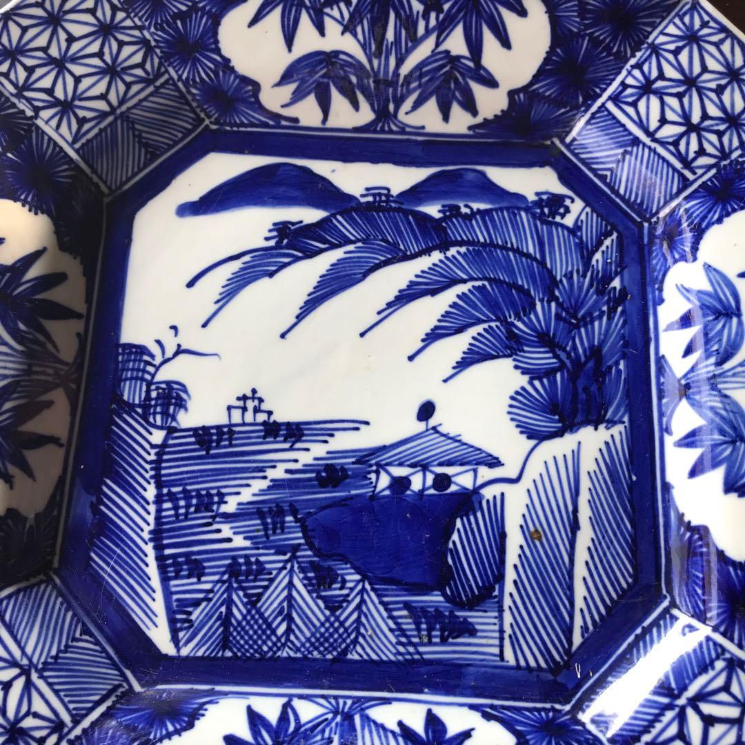美品　古伊万里　陶器　年代物　盛り皿　角皿　八角絵皿　線画　山水の絵柄が素敵な