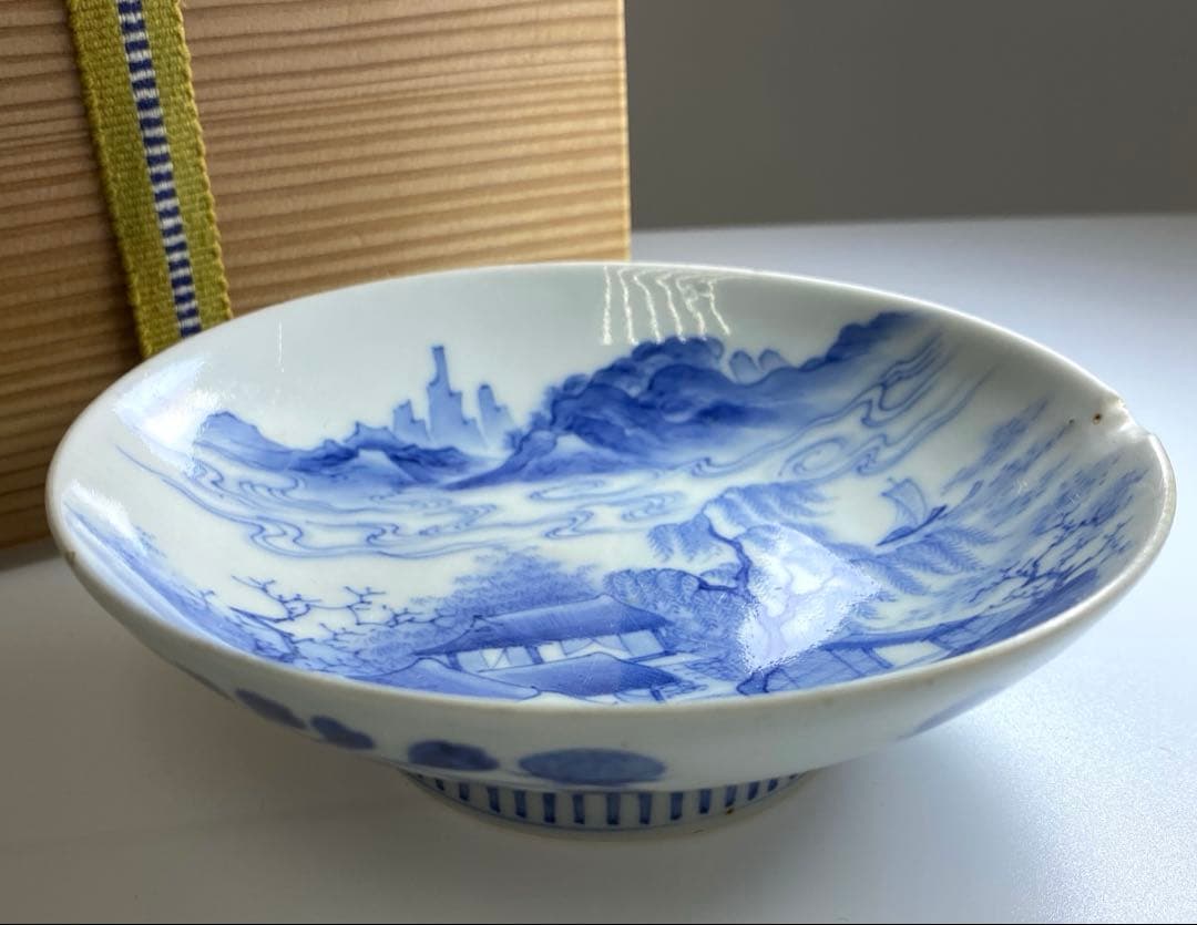 江戸中後期　極上手鍋島焼染付山水風景画皿　木箱付　本Y7-0331☆1Fタニト