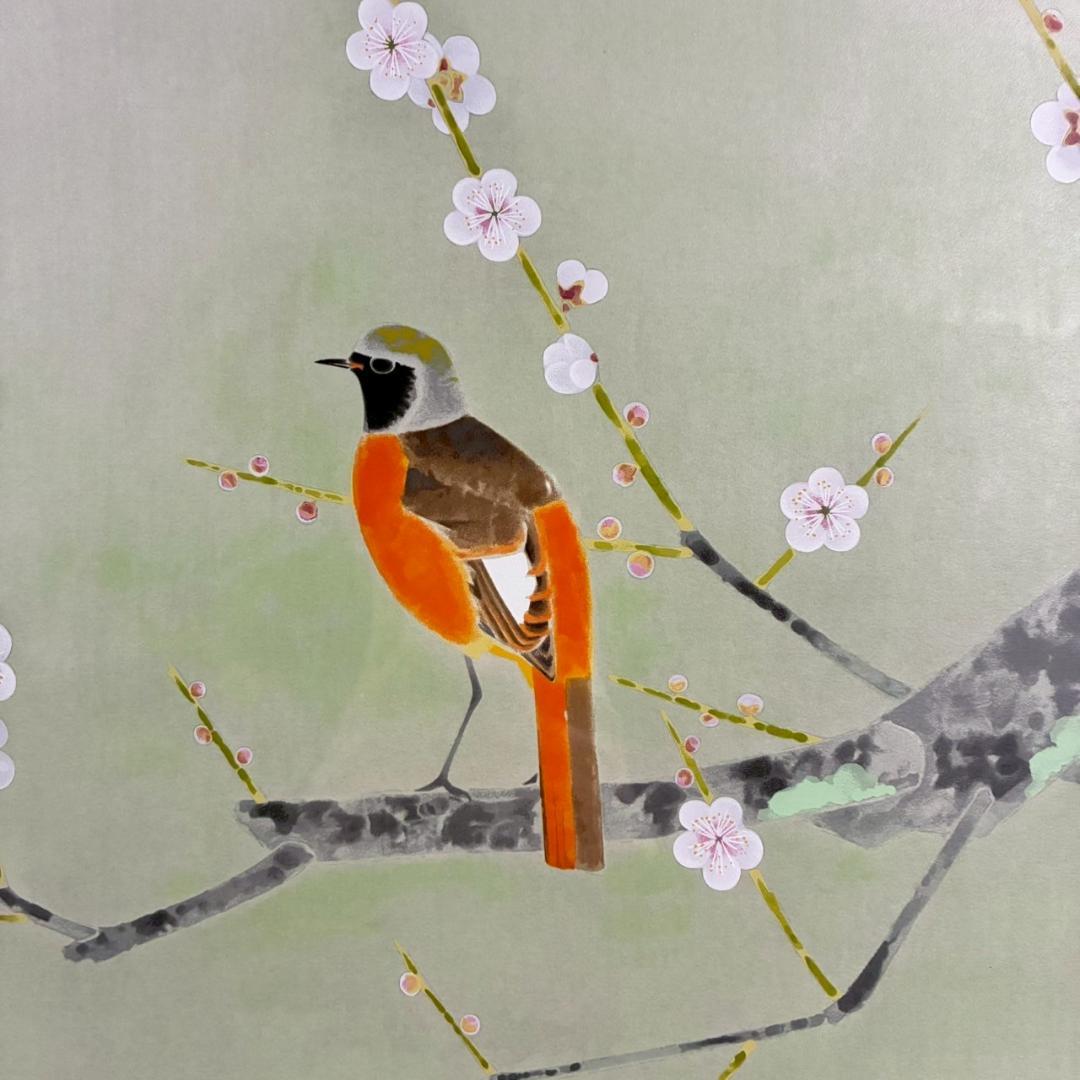 美品 上村淳之「尉鶲」シルクスクリーン 直筆サイン・落款・証明シール有 額縁入