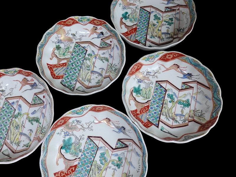 古伊万里　色絵　屏風図に双鶴の図　膾皿　５枚　D299AS-fbty