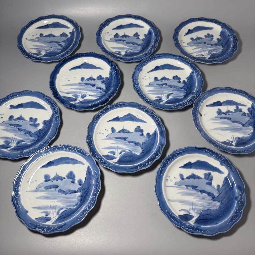 古伊万里　染付風景画輪花皿　十枚　墨弾き　ケーキ皿　デザート皿　古民家カフェ