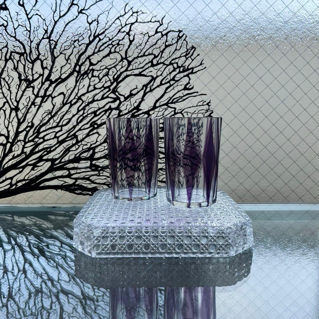 骨董　時代ガラス　紫色被せダイヤ綴り　大正浪漫　モダン切子　コップ　ウラン ２客