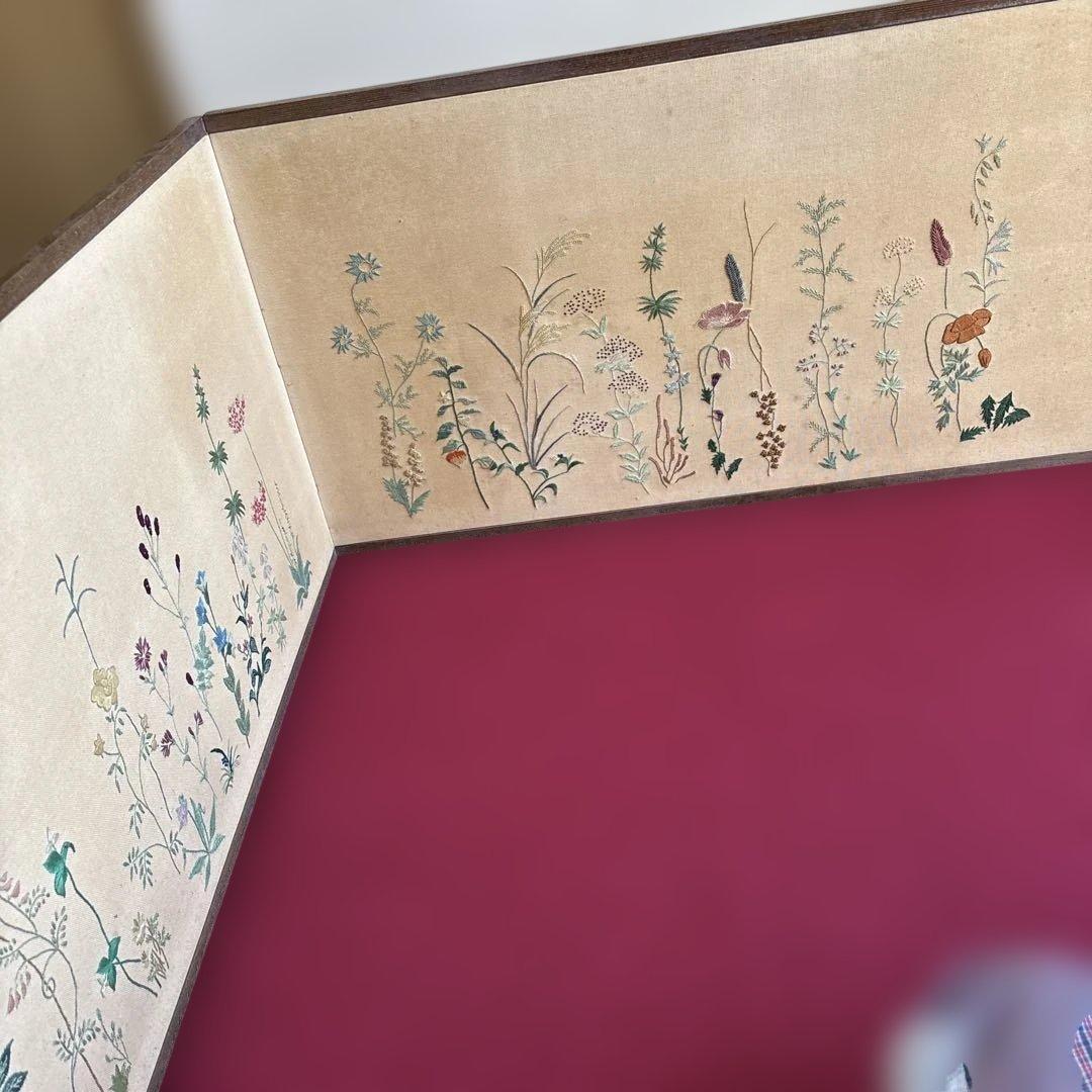 衝立　仕切り　枕屏風　花柄刺繍　アンティーク　骨董　送料込み
