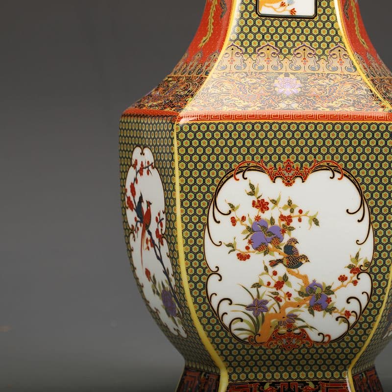 清雍正蒔金花鳥六方瓶 景徳鎮 陶磁器 装飾品 現代工芸品 美術品 置物