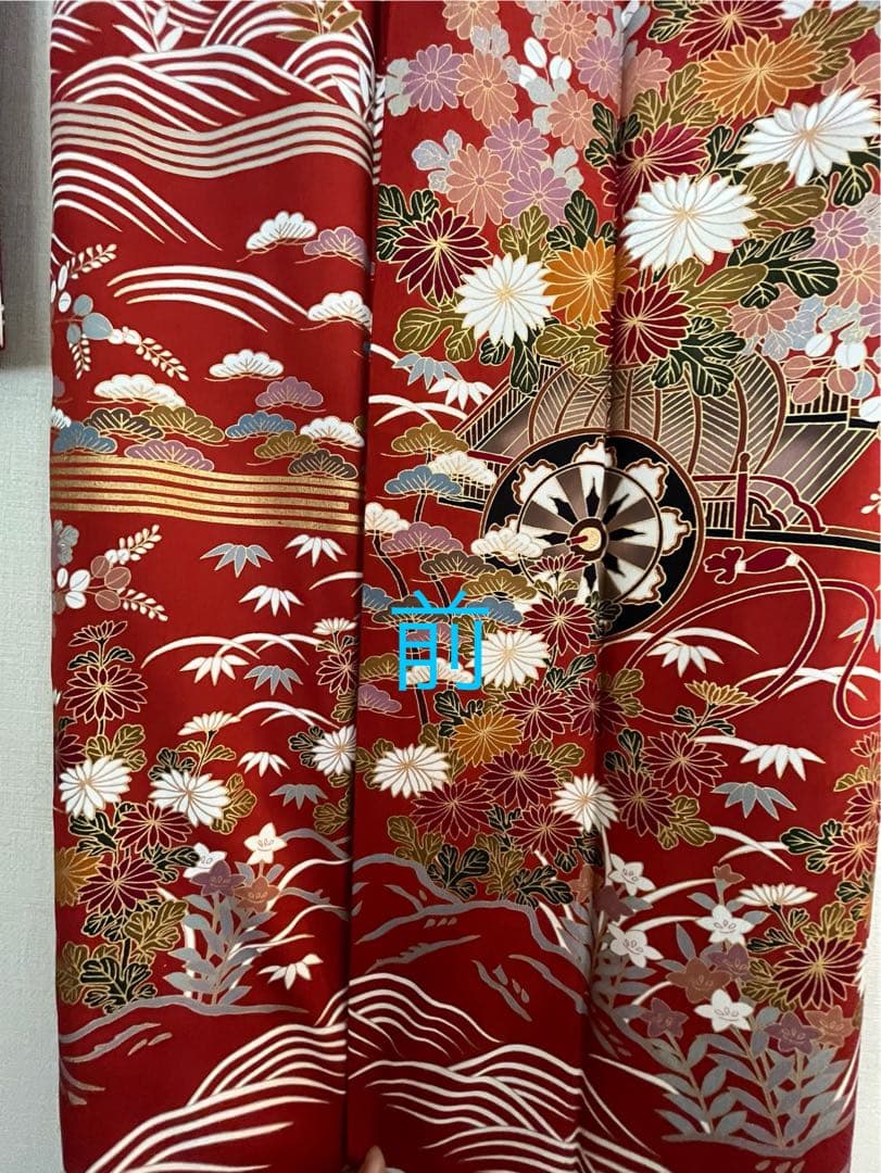 美品　ビッグサイズ　上正絹振袖　サビ朱色地花御所車