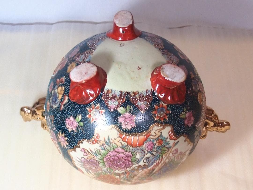 【希少・良品】薩摩焼 青粒金彩 花鳥図 大香炉 陶磁器 古道具/茶道具/香道具