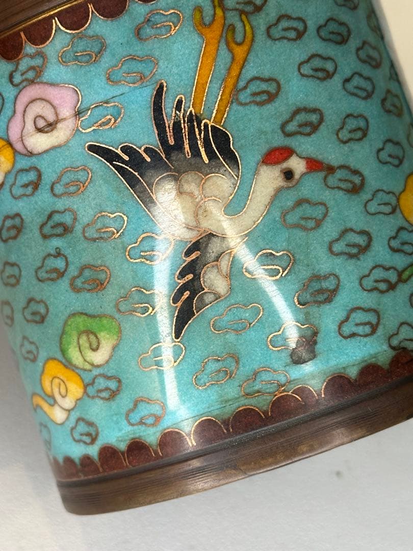 中国 清代 乾隆年制 底款 七宝焼き（景泰蓝）銅製香炉 骨董品 仙鶴と雲文装飾