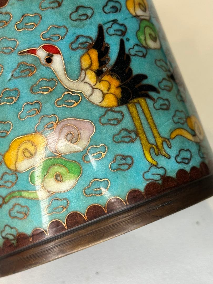 中国 清代 乾隆年制 底款 七宝焼き（景泰蓝）銅製香炉 骨董品 仙鶴と雲文装飾