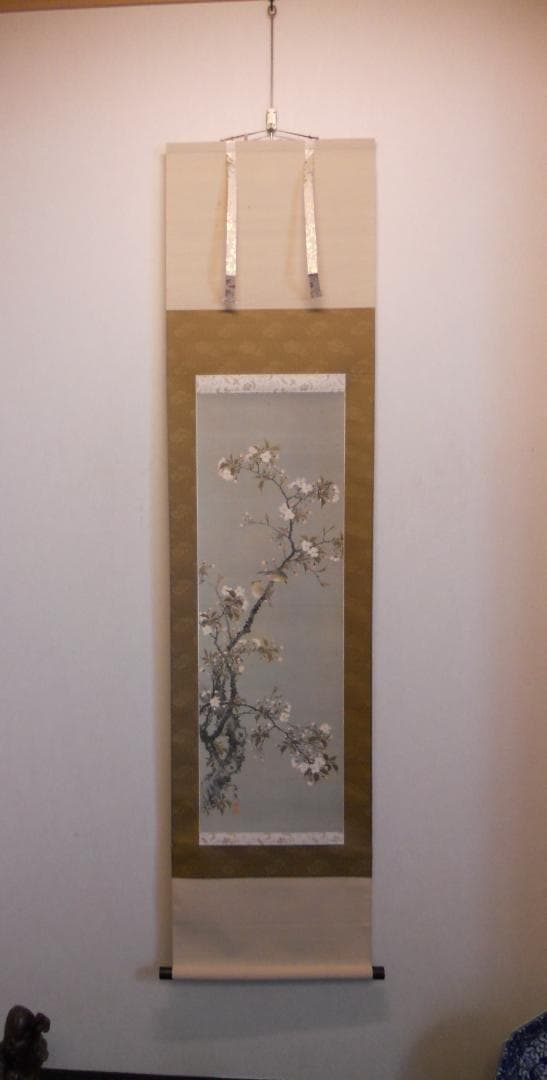 掛け軸 小田海僊 作 桜花小禽図 絹本 名品複製 逸翁美術館 茶道具 掛軸 美品
