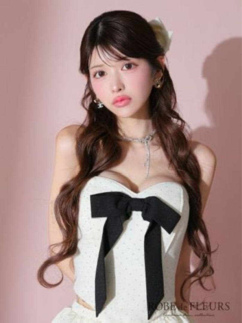 極美品 ローブドフルール キャバ ミニ ドレス ビッグリボン ドット柄 スタッズ