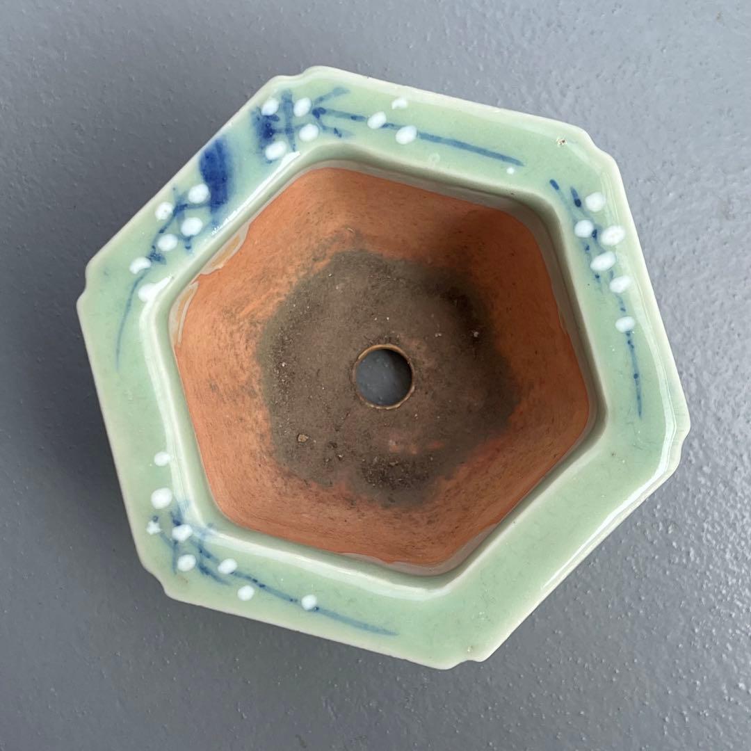 813.尾張焼 青瓷染付六角鉢 盆栽鉢 植木鉢 13.2*11.6*8.1cm