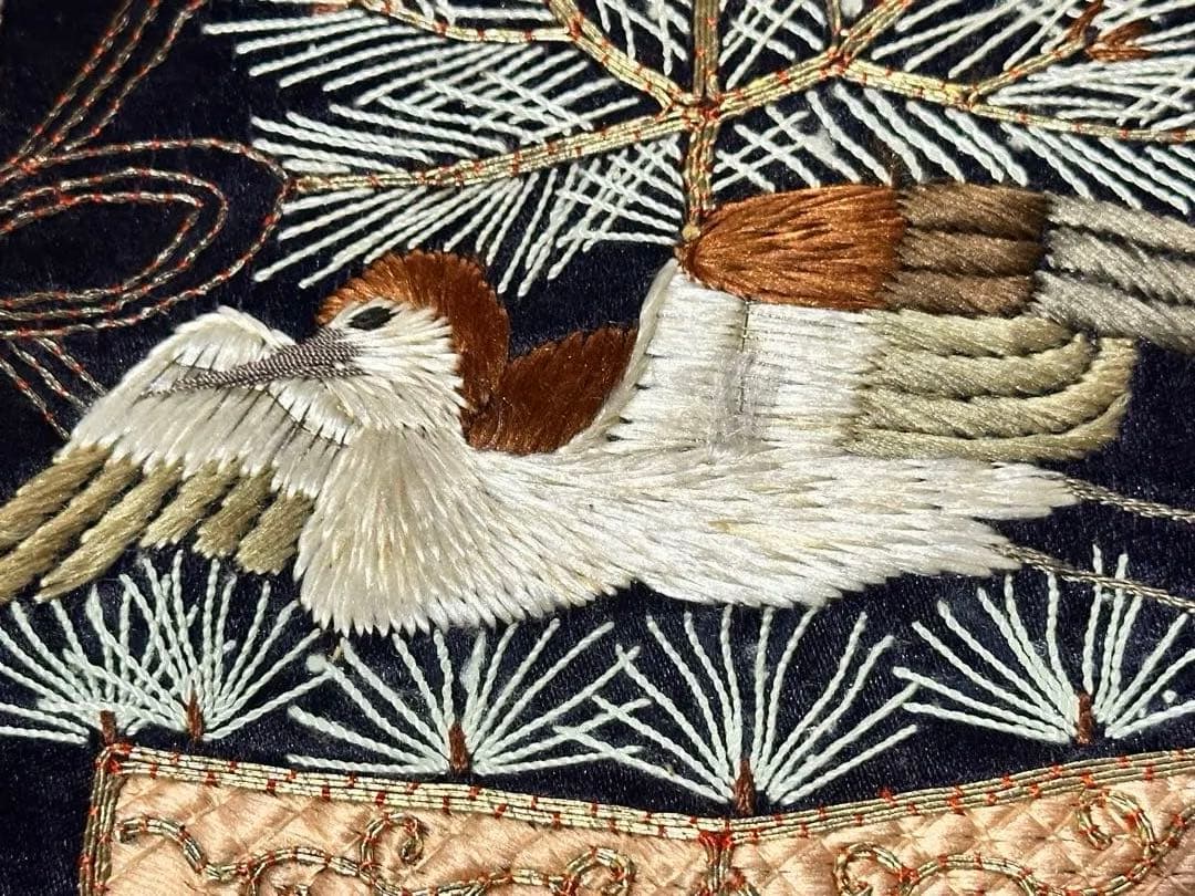 明治期・刺繍袱紗 熨斗目 松に雀 竹に海老 金駒刺繍 繻子 裏赤縮緬