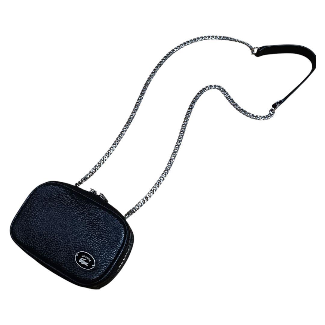 美品 ラコステ オリジンクロコ トップグレインレザースクエアショルダーバッグ