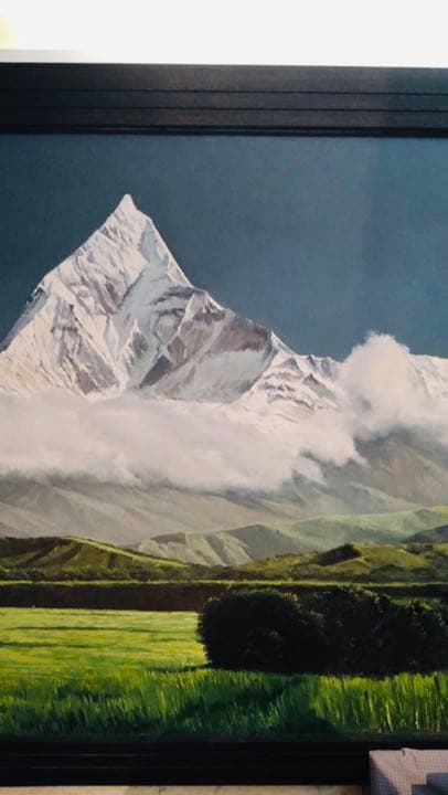 貴重、ヒマラヤの油絵、ヒマラヤ山脈、大型油絵、マチャプチャレ、ホテルのロビーに