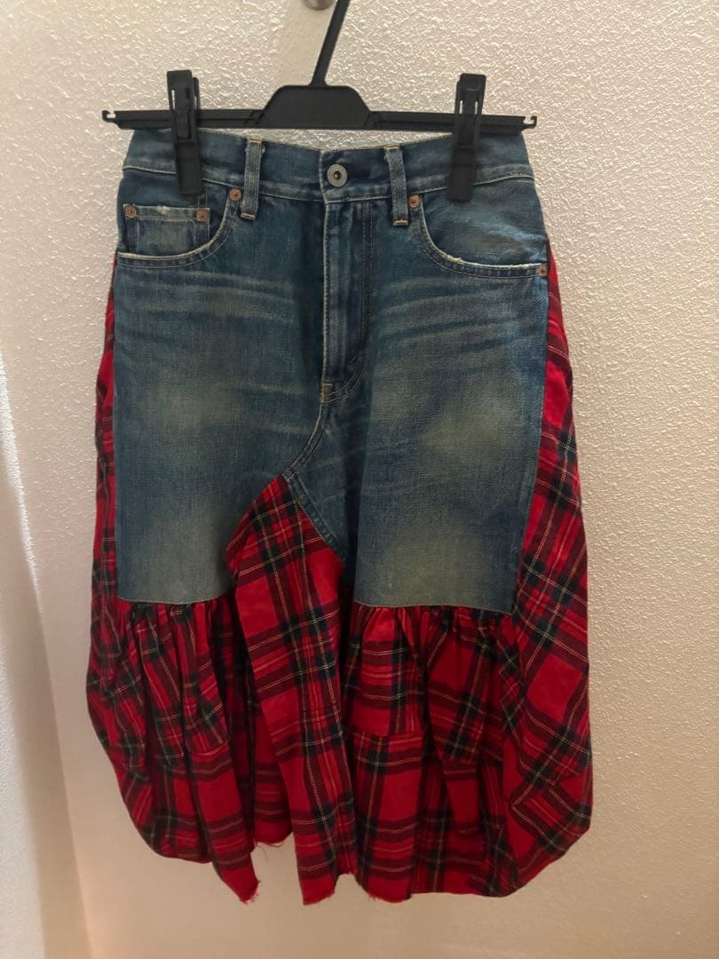 ジュンヤワタナベ　デニム　チェック　スカート 再構築　リメイク　バルーン