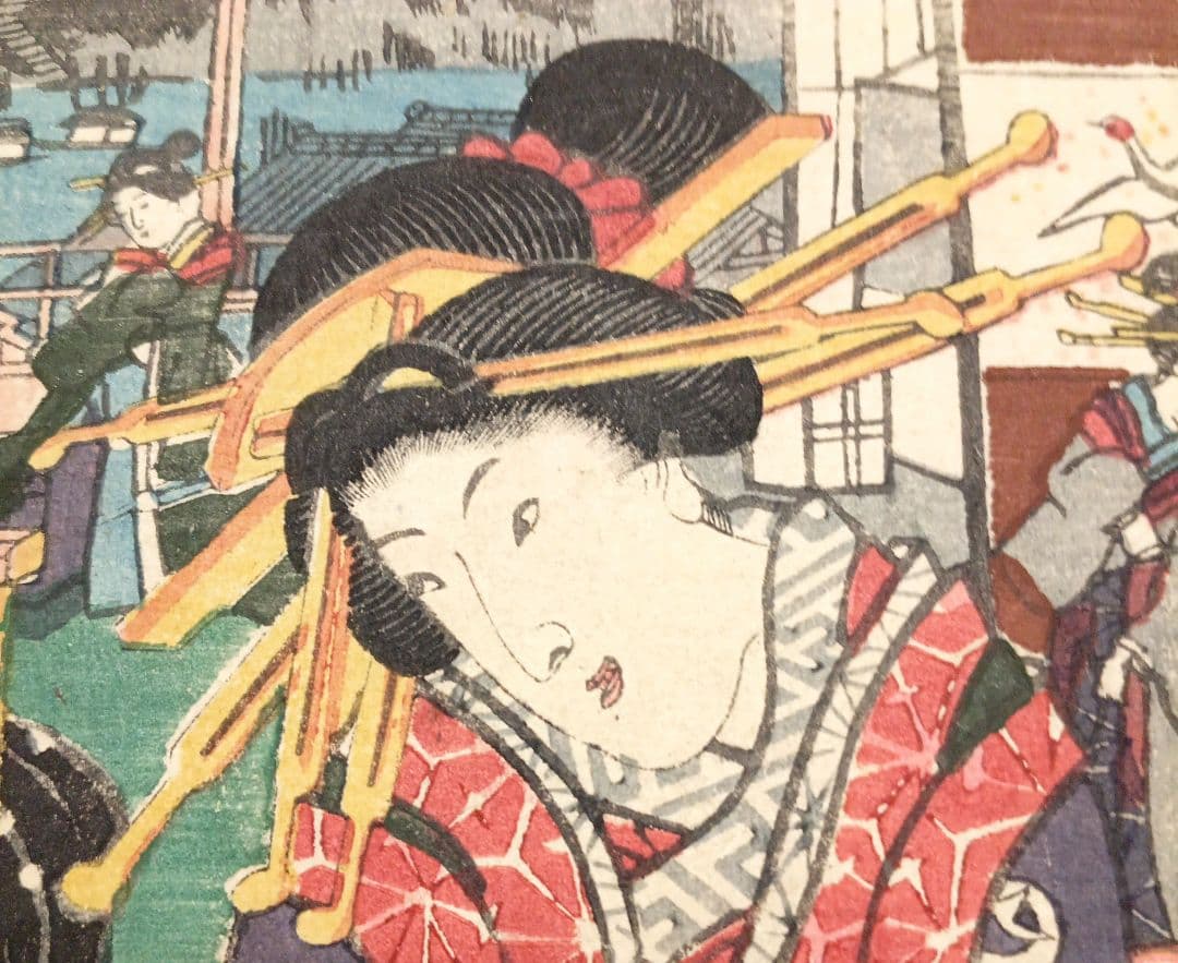 浮世絵版画、當世美人花之賑三枚綴り国輝舎国彦画（歌川国彦)安政2年出版