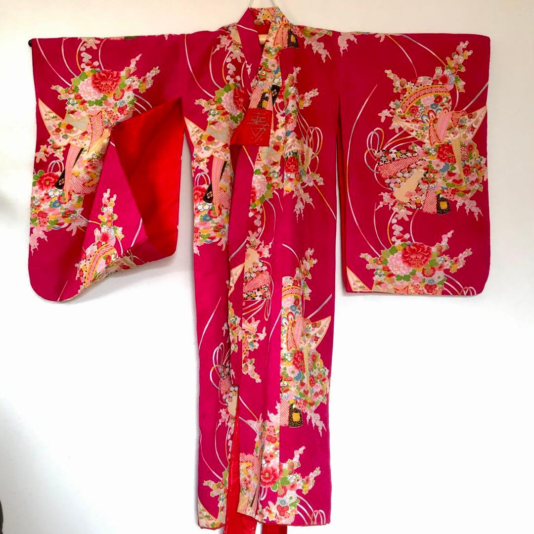 正絹 アンティーク着物 女の子 七五三 ◇檜扇 折鶴 まり 古典柄
