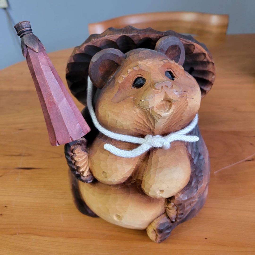 【匿名発送】木工品　たぬき　夫婦　縁起物　アンティーク　木彫り