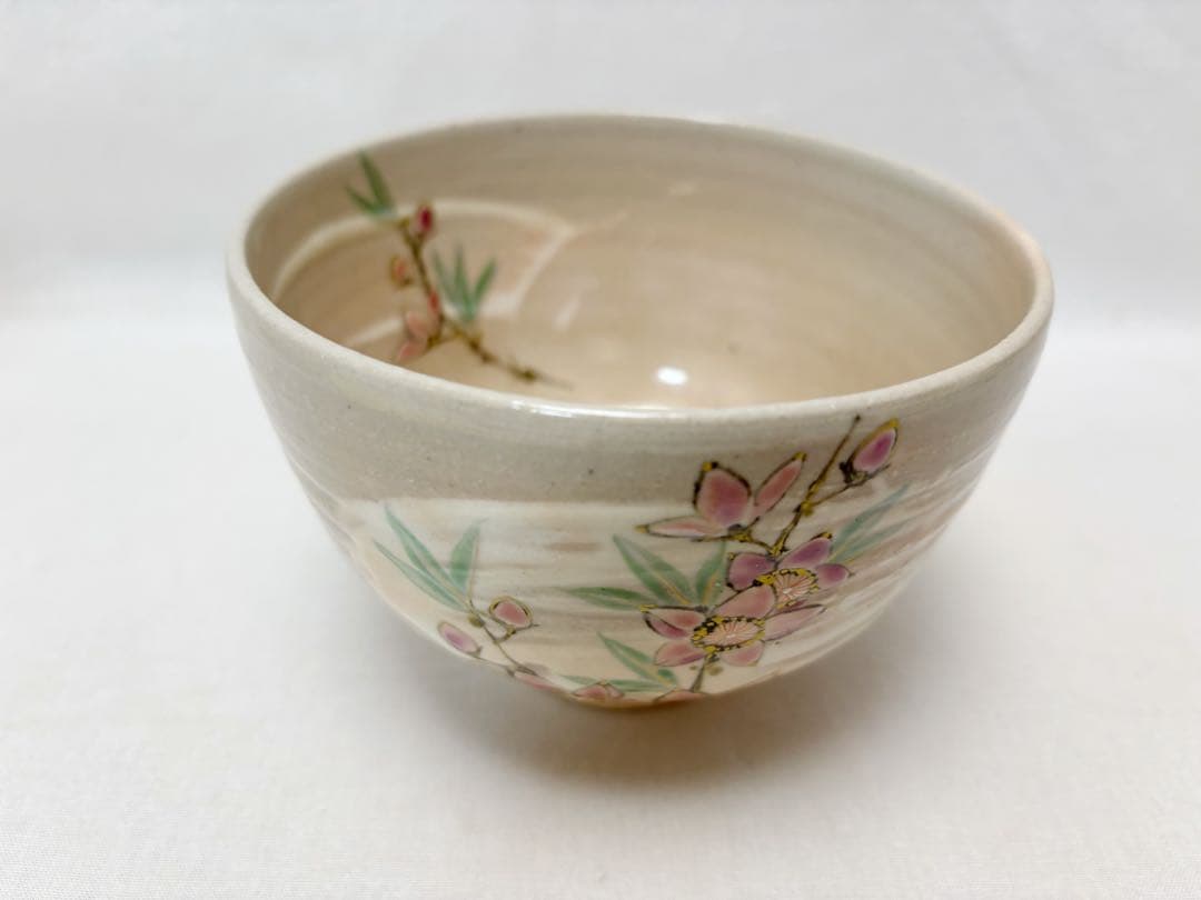未使用 茶道具 平安 山川嘉山造 桃絵 茶碗 陶印 作家物 煎茶道具 共箱