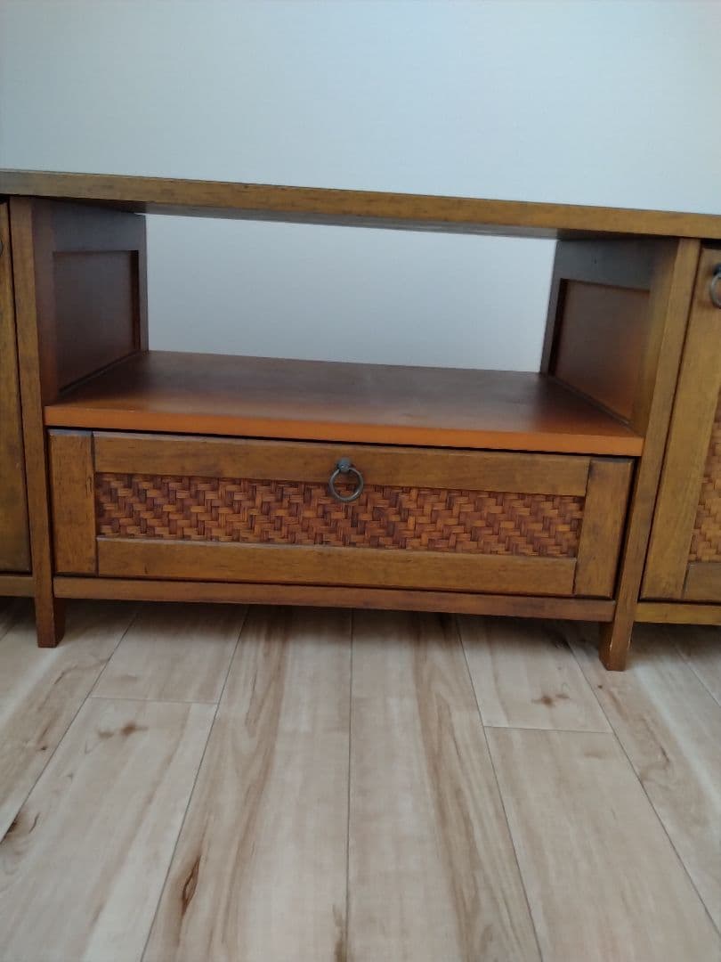 木製テレビ台 ラタン編み扉 引き出し付き