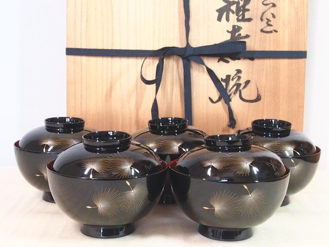 【未使用】輪島塗 元岡光漆堂 飛花沈金 雑煮椀 5客 煮物椀/大椀 食器/漆器