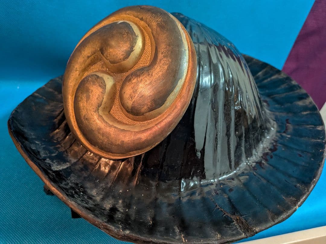 江戸時代中期〜後期頃黒漆塗り武家旧家蔵出し肥後熊本藩領陣笠前立て改良型当時物