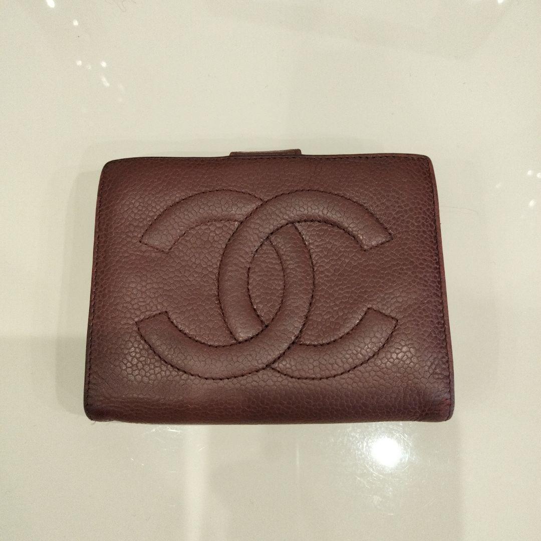 CHANEL キャビアスキン 二つ折り財布 コンパクト ブラウン がま口