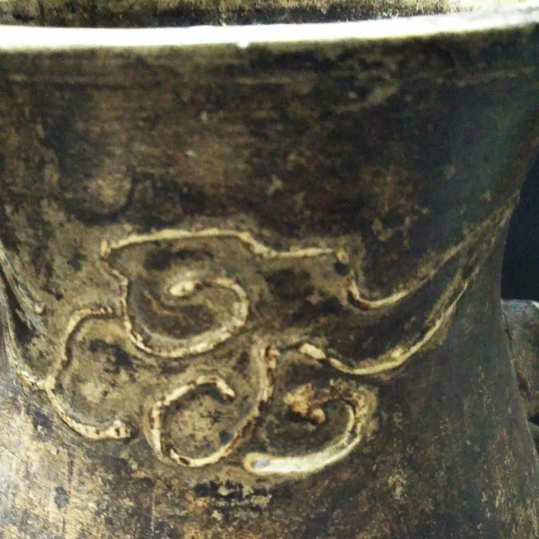 ※中国古美術/黃泥松鶴紋隻龍耳瓶/