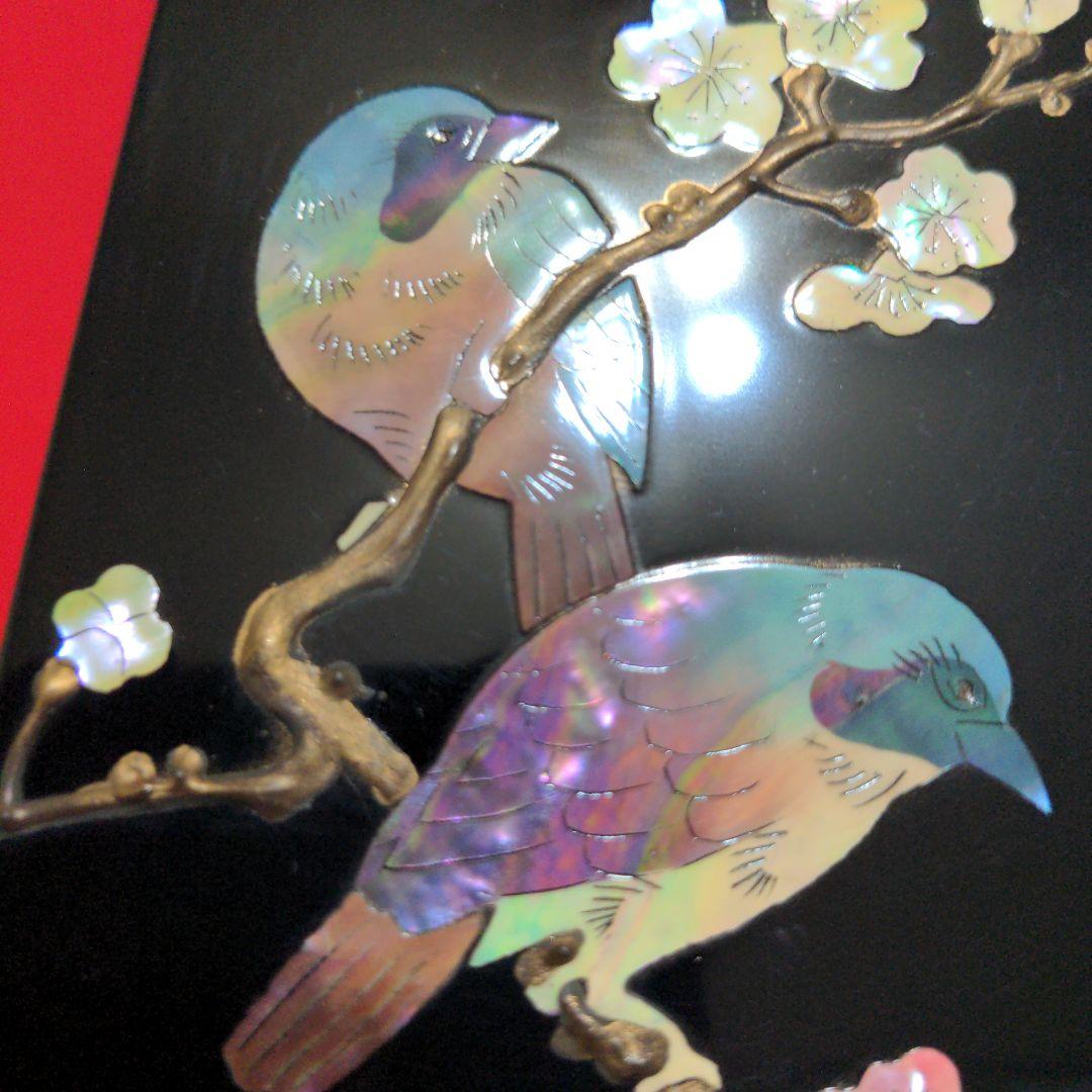 高岡漆器　武蔵川秀山作　青貝塗錆絵花鳥図　宝石箱　小物入　梅に樫鳥