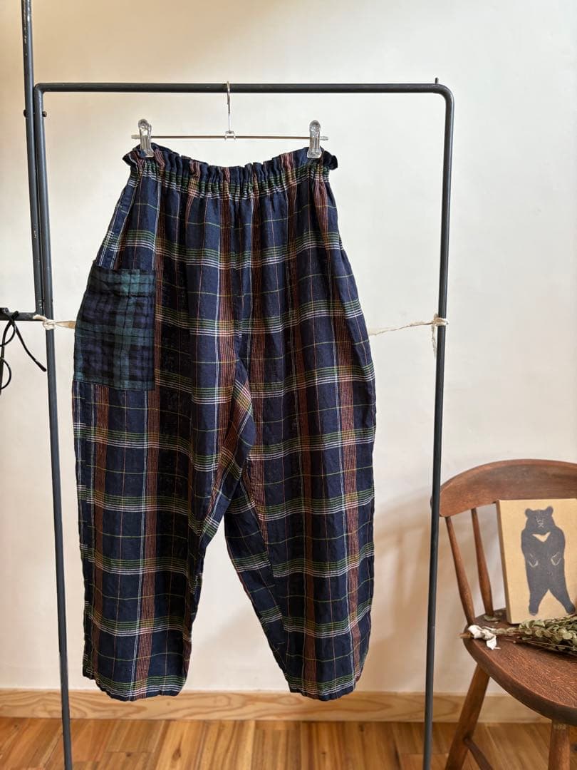 洗いざらしのマドラスチェックlinen リラックスもんぺ