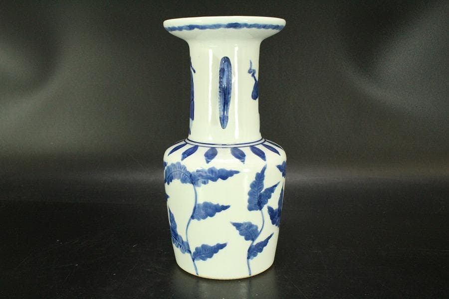 中国美術 染付 双魚耳 花瓶 茶道具(ZE424)