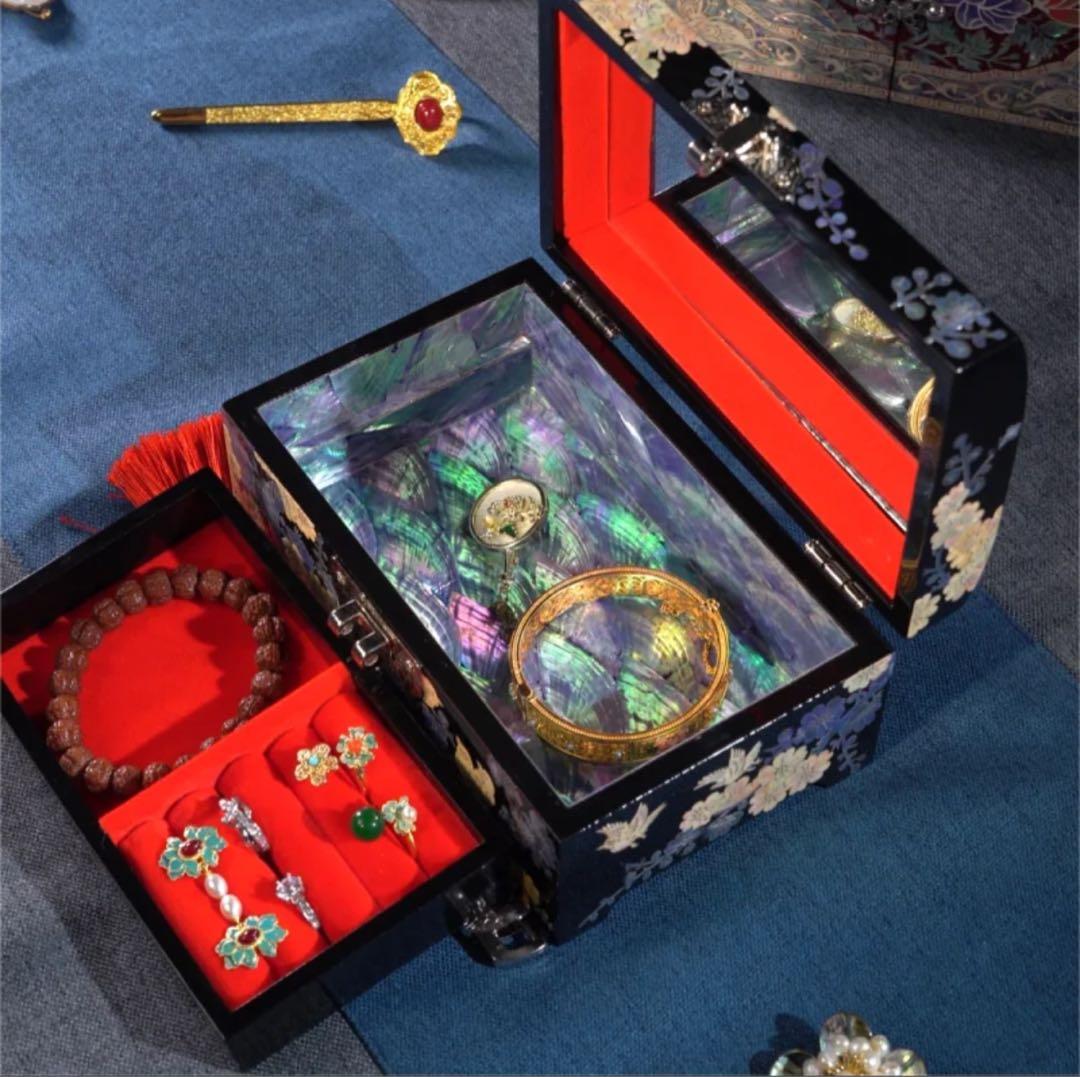 中国伝統螺鈿漆器ジュエリーボックス（内側も螺鈿装飾・純手工制作）