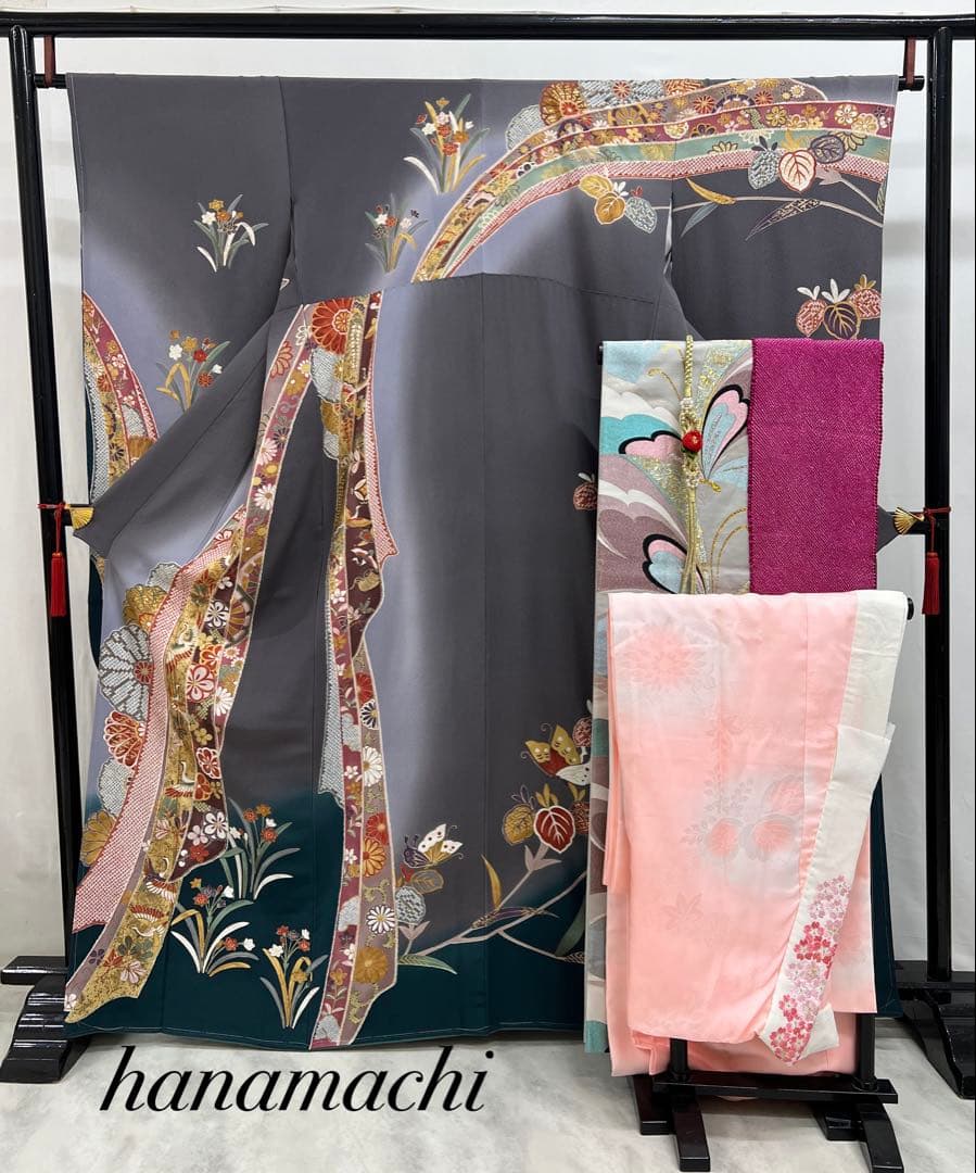 振り袖　フルセット　長襦袢付　金彩加工　しつけ付　振り柄有　重ね襟付き653