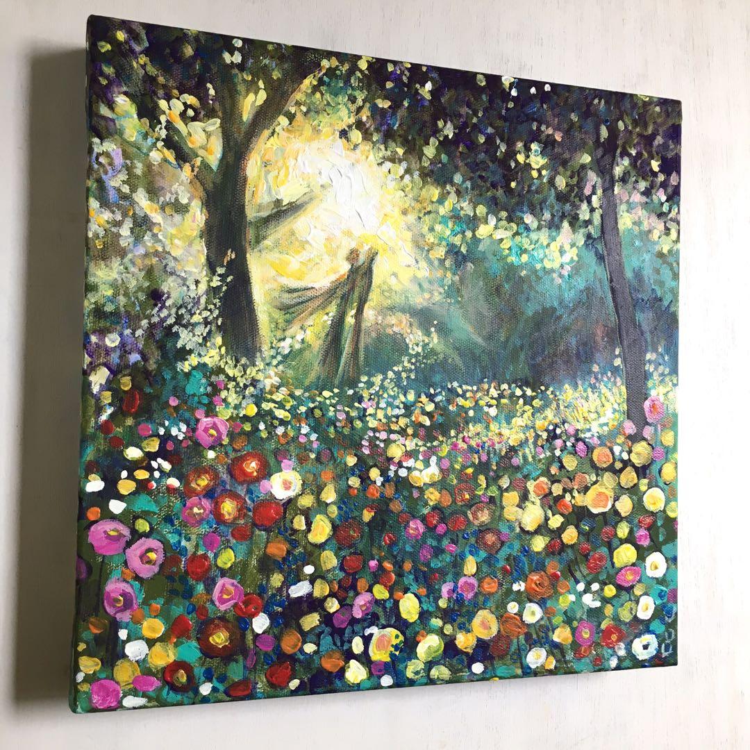 処分価格！　いざなう天使の森　アクリル画 30センチ四方　キャンバス